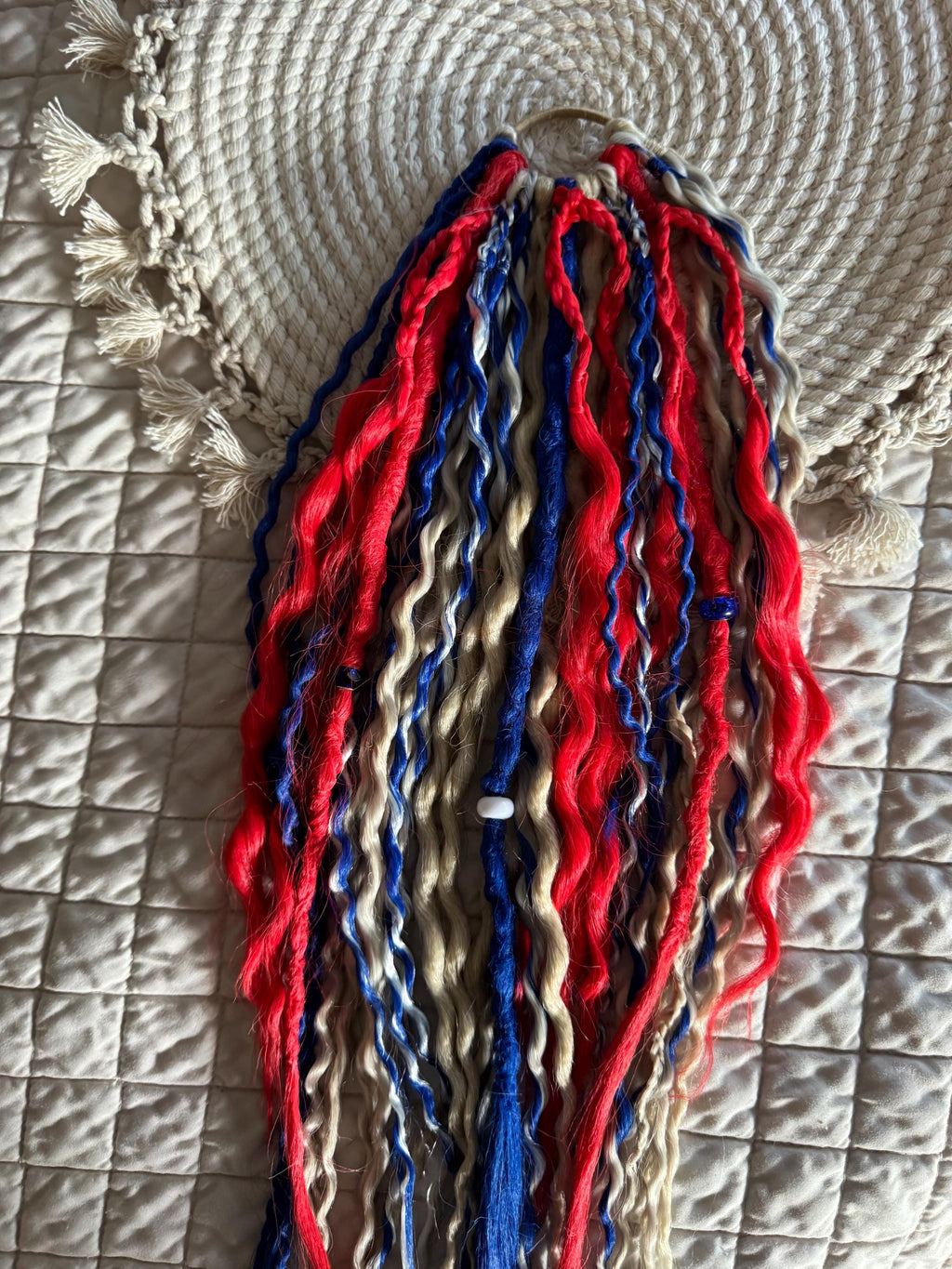 Red, White, Blue & Blonde Dreaded Boho Ponytail | Wavy Dreads, Braids & Beads