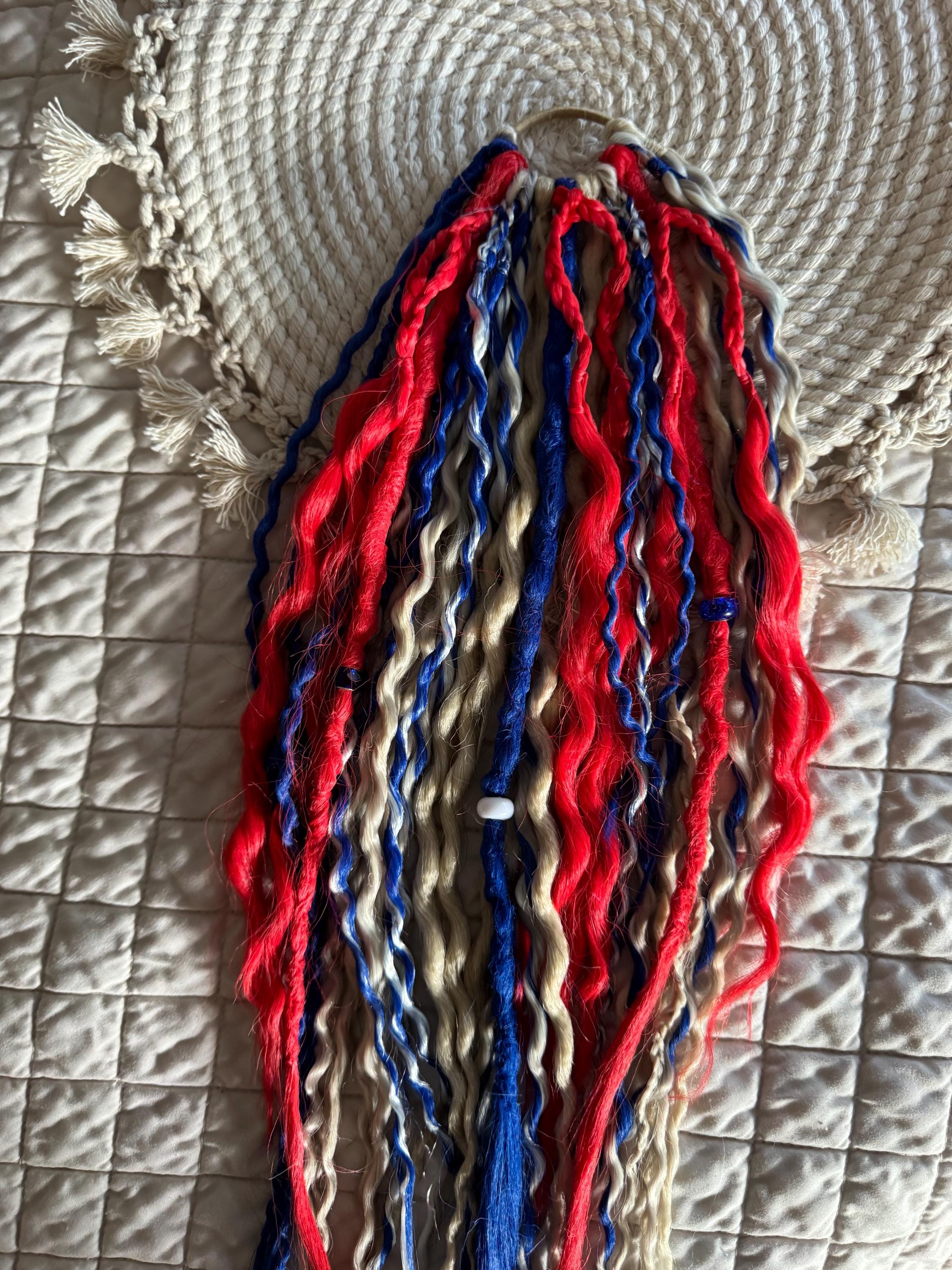 Red, White, Blue & Blonde Dreaded Boho Ponytail | Wavy Dreads, Braids & Beads