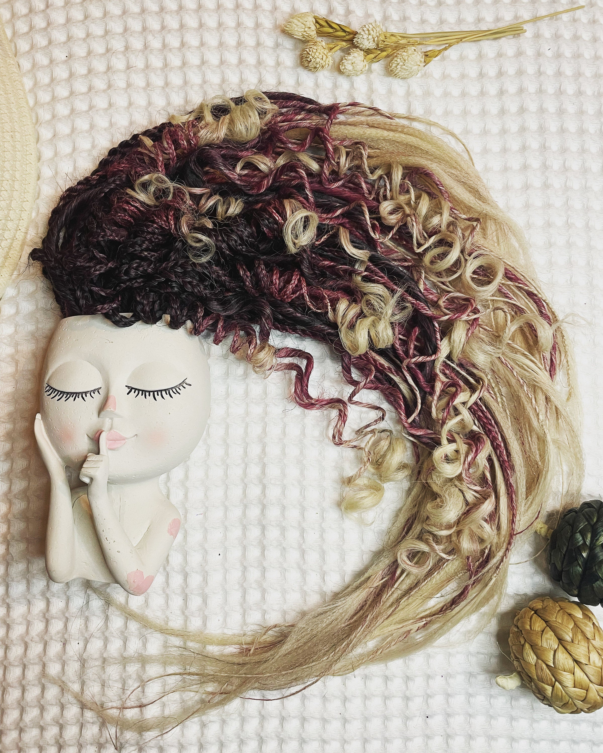 Brown, Red & Blonde Ombré Thin Synthetic Dreads | Feathered or Curly Ends | Braids Included
