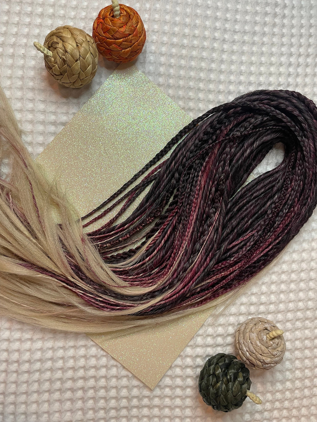 Brown, Red & Blonde Ombré Thin Synthetic Dreads | Feathered or Curly Ends | Braids Included