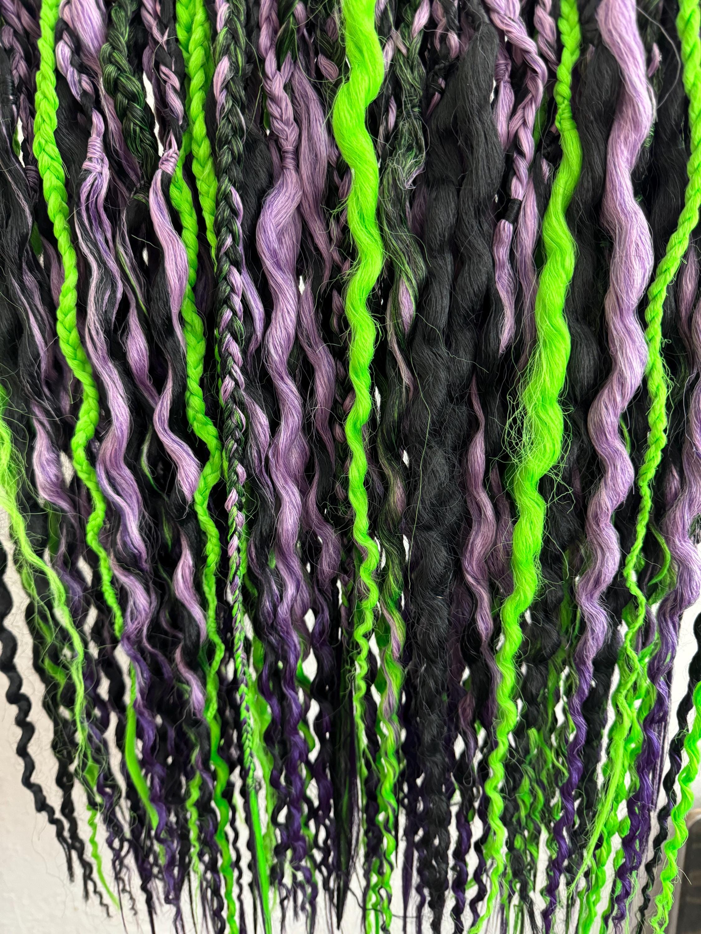 Beetlejuice Wavy Dreads | Black, Green & Purple Ombré Dread Set with Braids