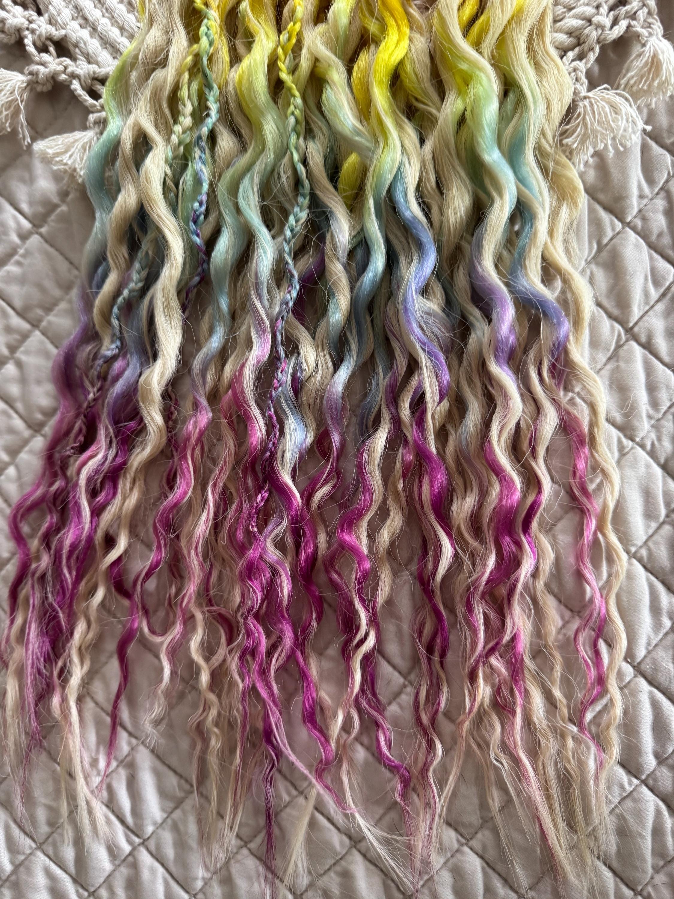 Blonde & Rainbow Wavy Double Ended Dreads | Braids Included Dread Set