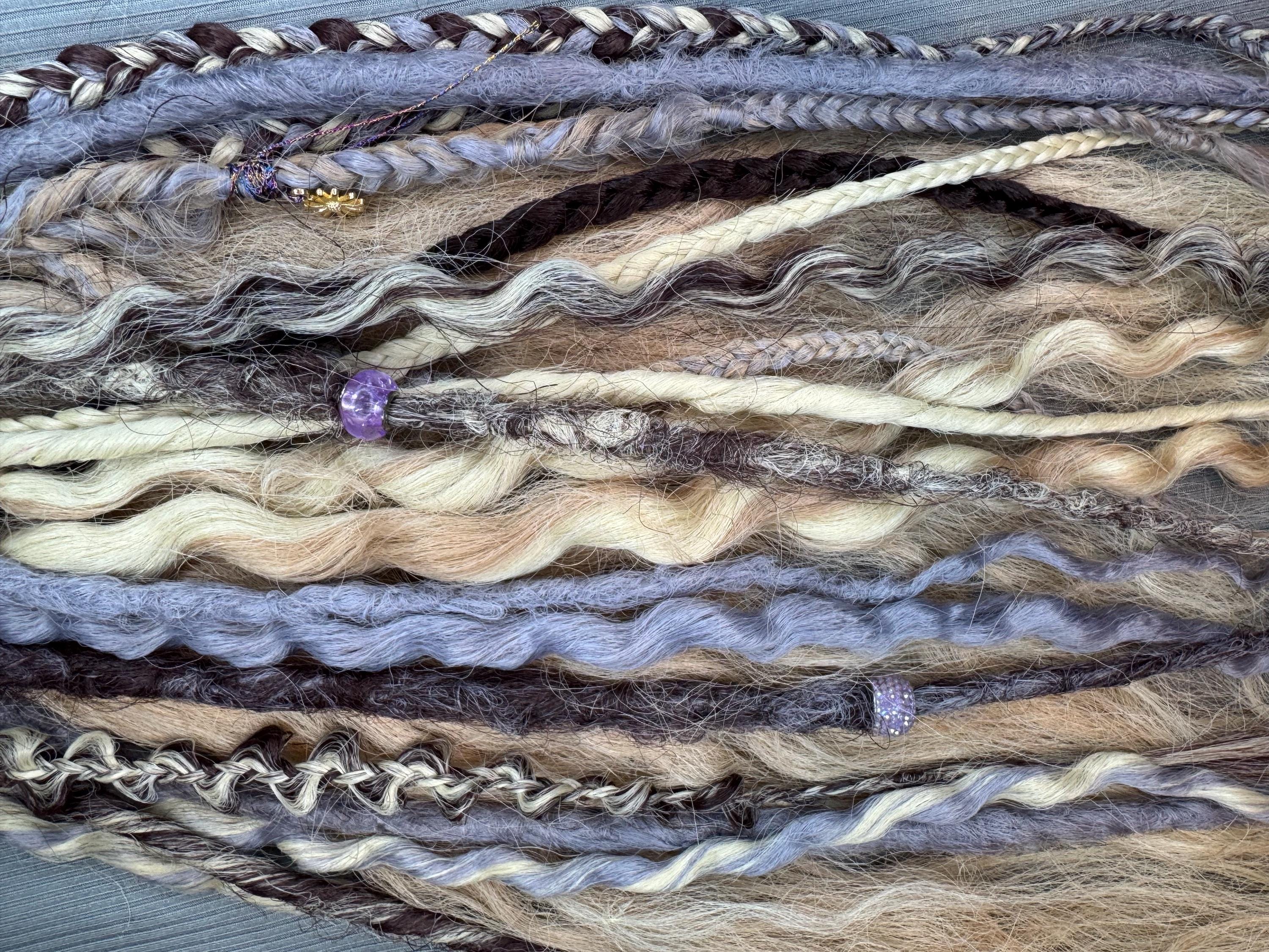 Lavender, Grey, Blonde & Brown Dreaded Boho Ponytail | Wavy Dreads, Braids & Beads