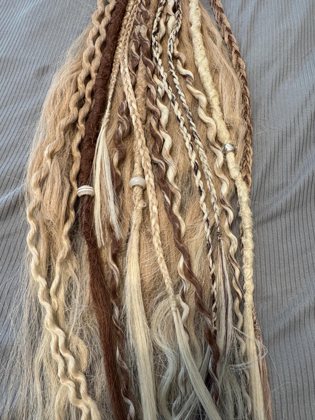 Honey Brown & Blonde Dreaded Boho Ponytail | Wavy Dreads, Braids, Twists & Beads