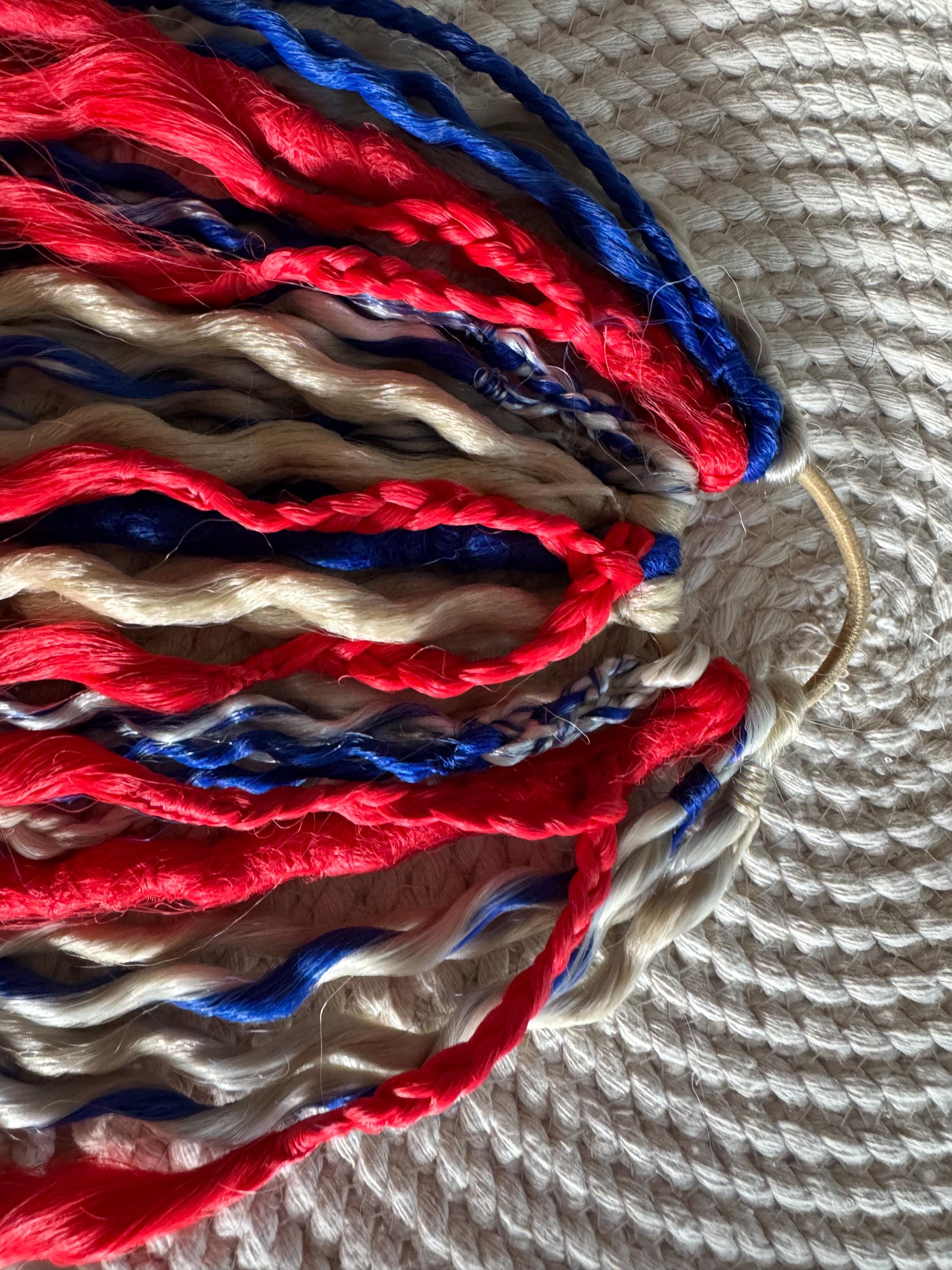 Red, White, Blue & Blonde Dreaded Boho Ponytail | Wavy Dreads, Braids & Beads