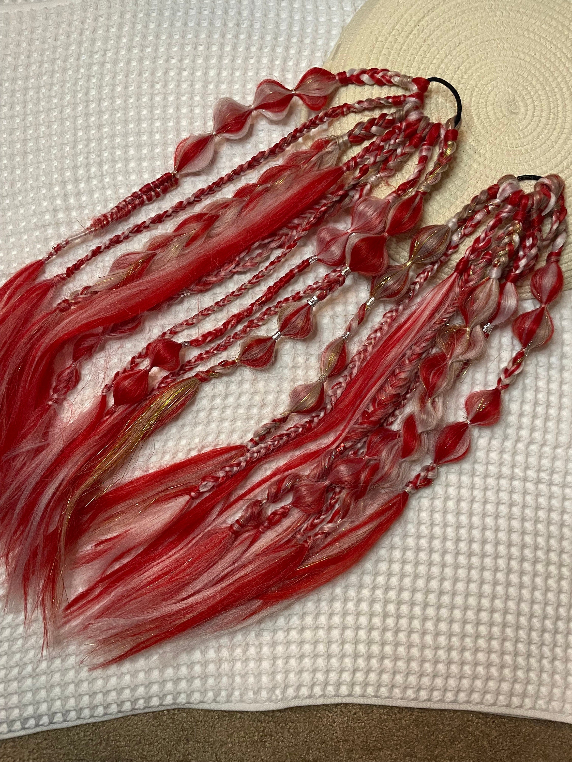 Red & White support pony. tie in. rave ponytail. festival pony