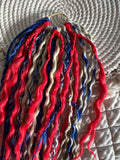Red, White, Blue & Blonde Dreaded Boho Ponytail | Wavy Dreads, Braids & Beads