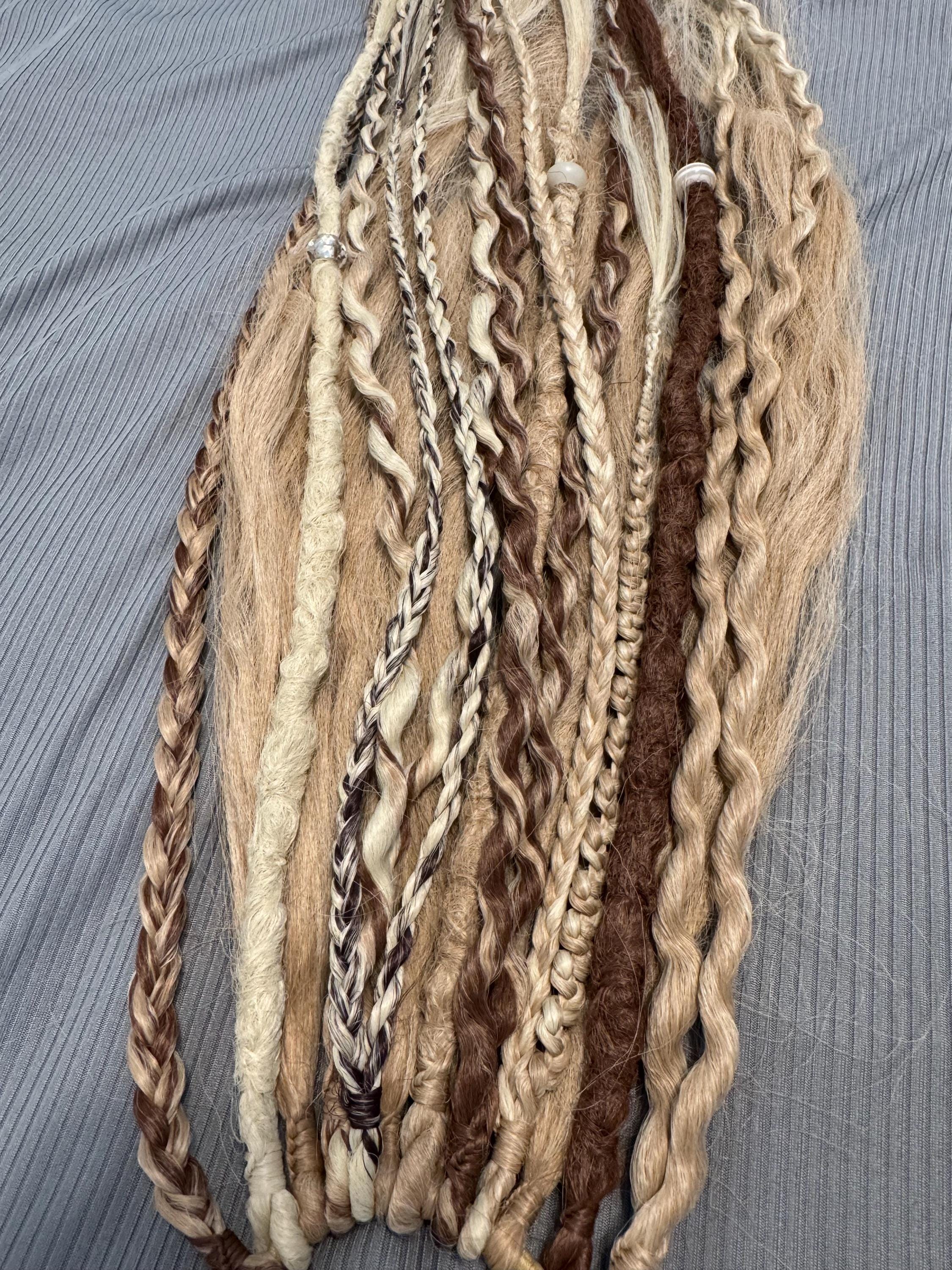 Honey Brown & Blonde Dreaded Boho Ponytail | Wavy Dreads, Braids, Twists & Beads