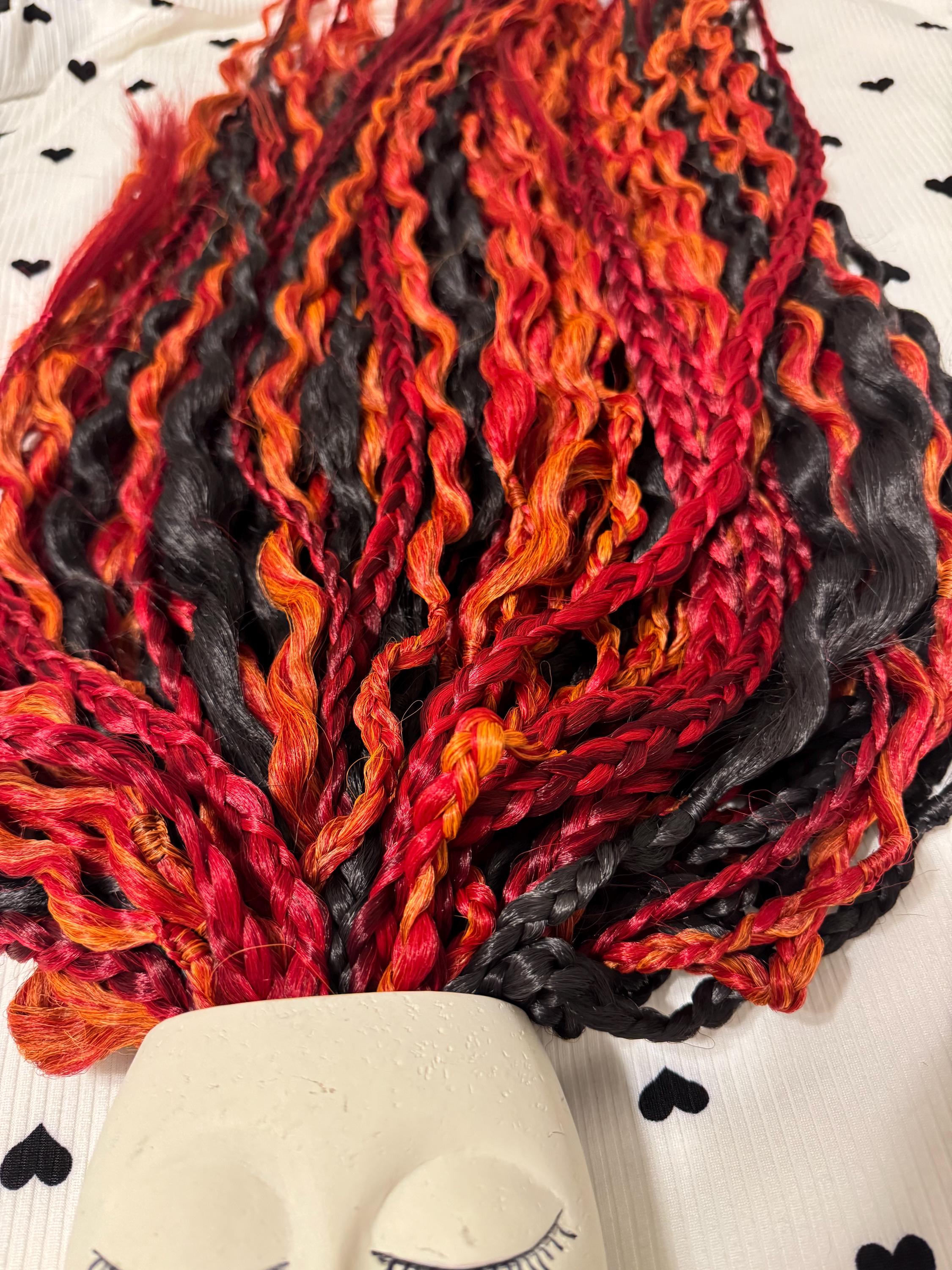 Amber Fire Double Ended Wavy Dreads | Black & Multi-Red Dread Set with Braids
