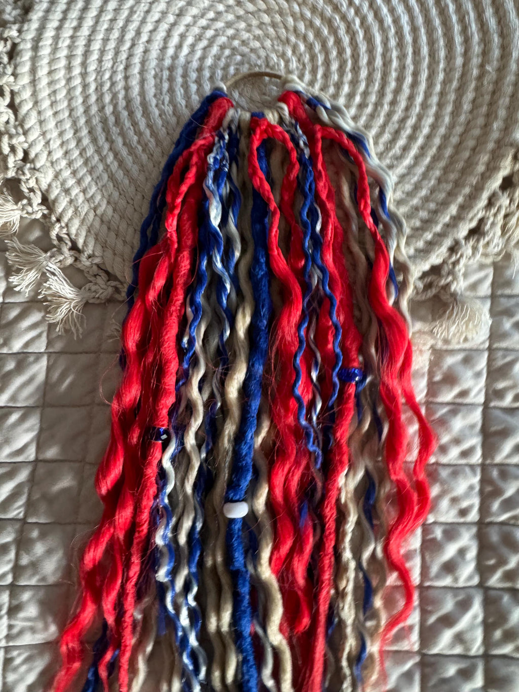 Red, White, Blue & Blonde Dreaded Boho Ponytail | Wavy Dreads, Braids & Beads