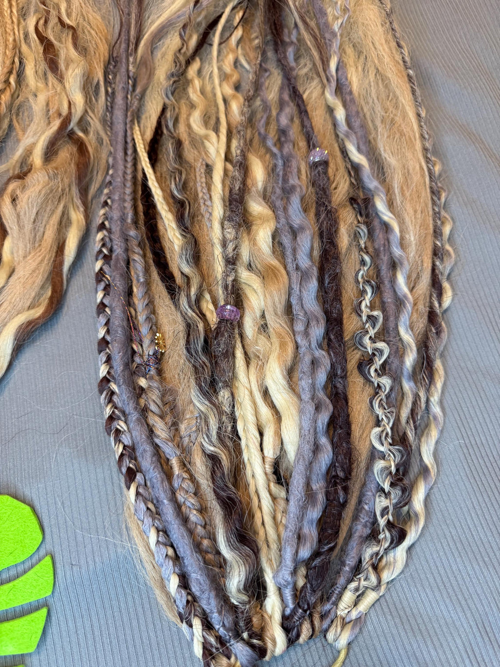 Lavender, Grey, Blonde & Brown Dreaded Boho Ponytail | Wavy Dreads, Braids & Beads