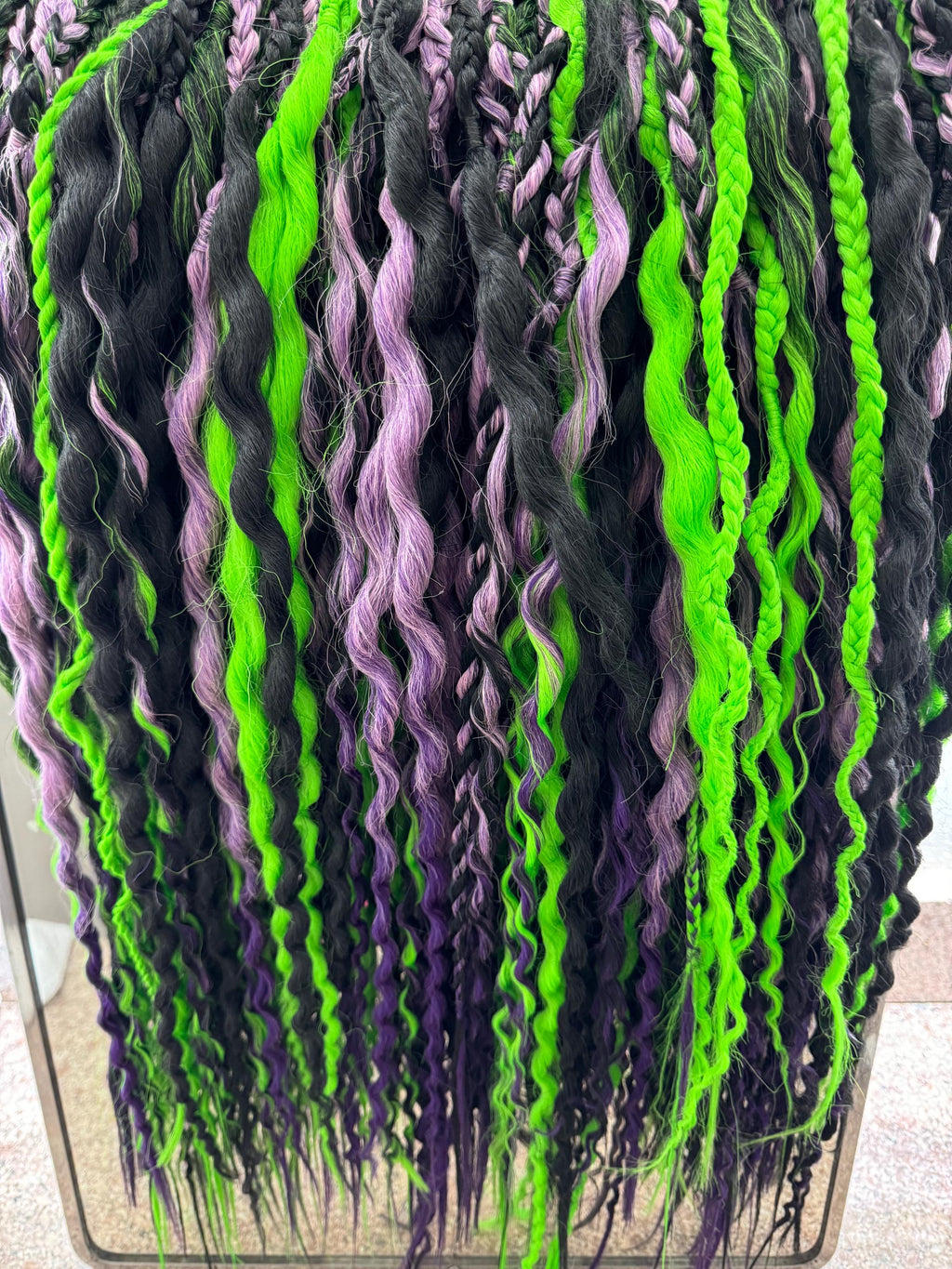 Beetlejuice Wavy Dreads | Black, Green & Purple Ombré Dread Set with Braids