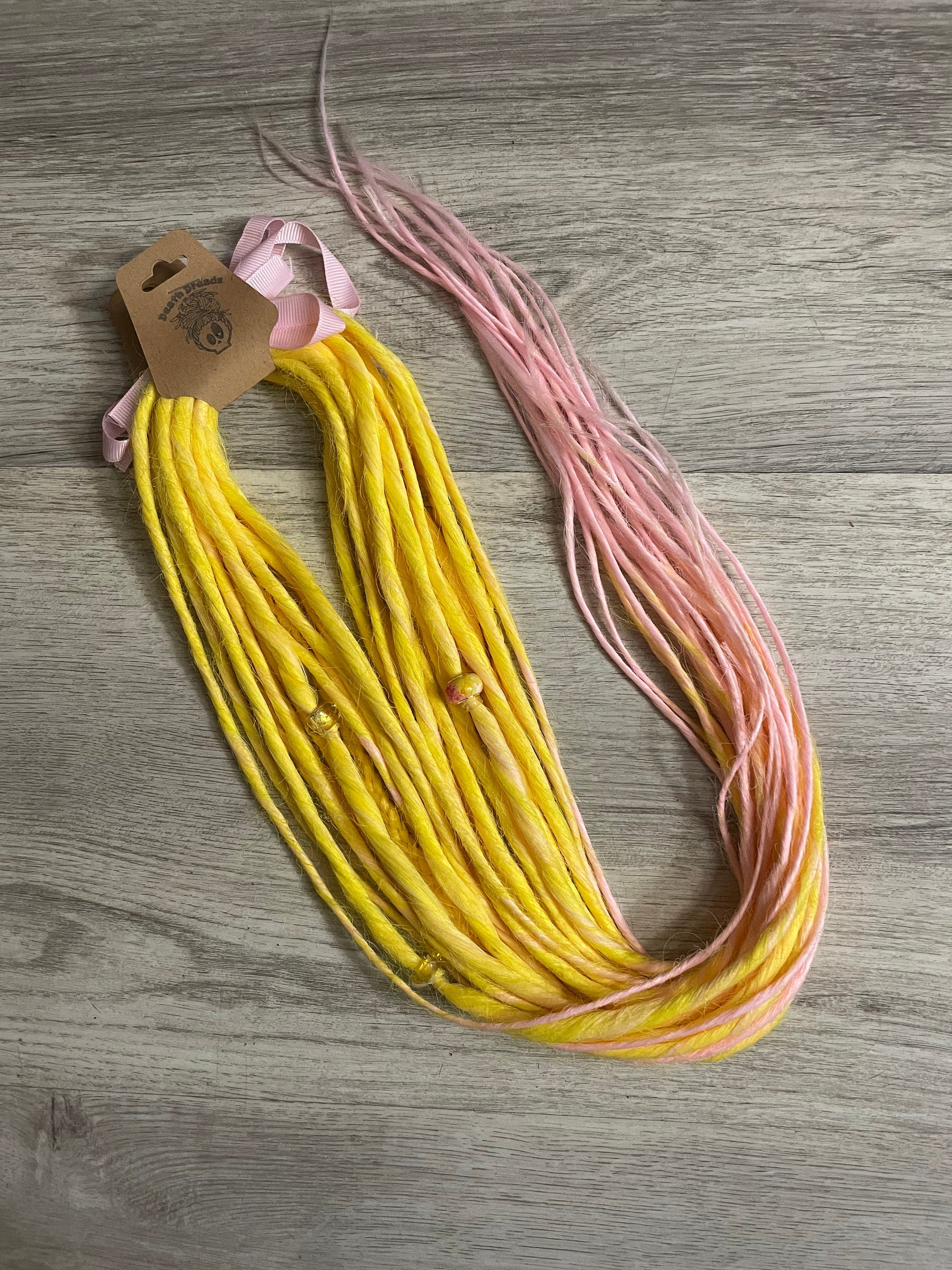 Pink Lemonade Thin Synthetic Dreads | Yellow to Pink Ombré Dread Set with Beads