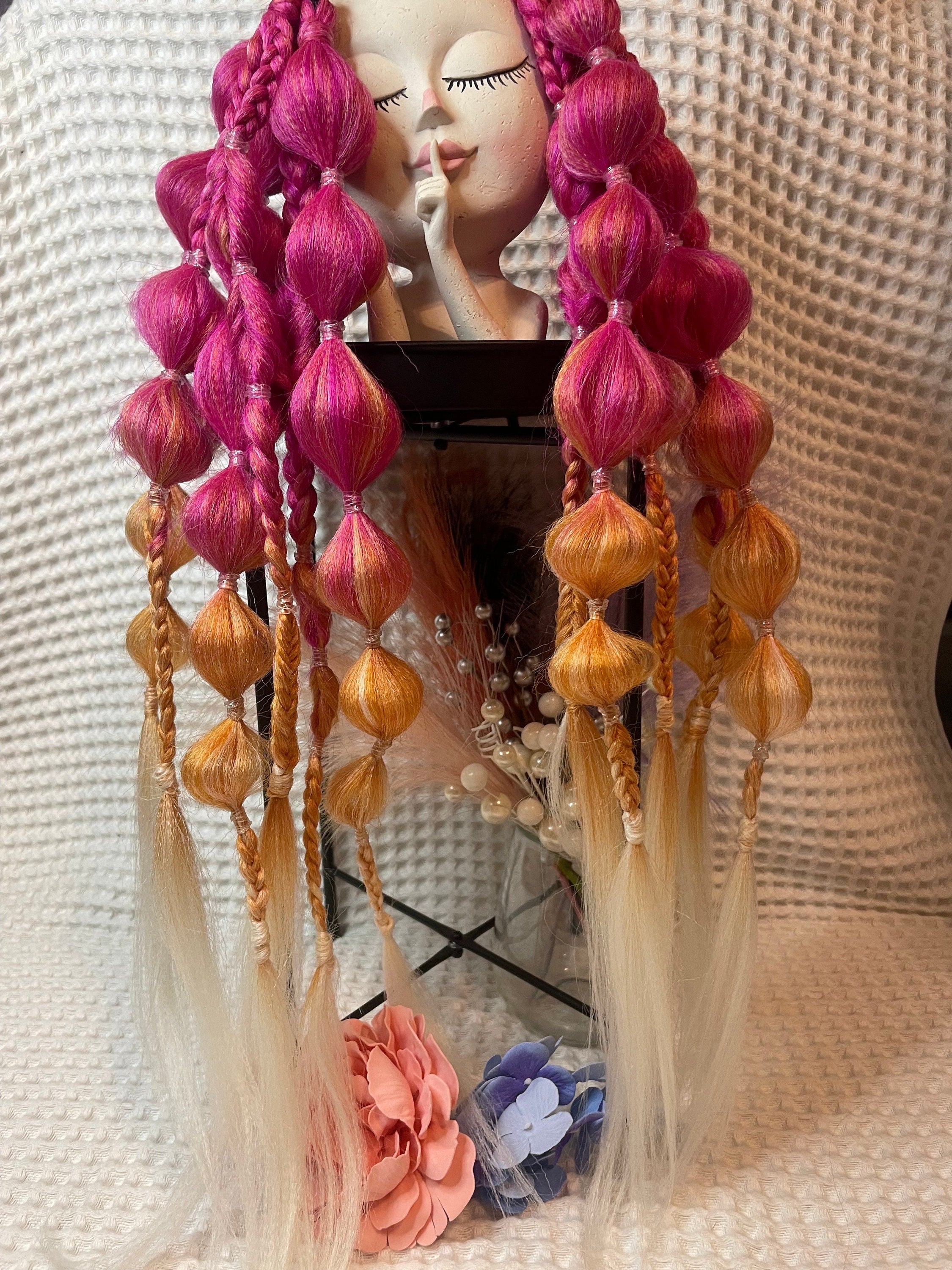 Pink Orange Blonde Ombré Festival Bubble Braids | Ponytail Hair Extensions