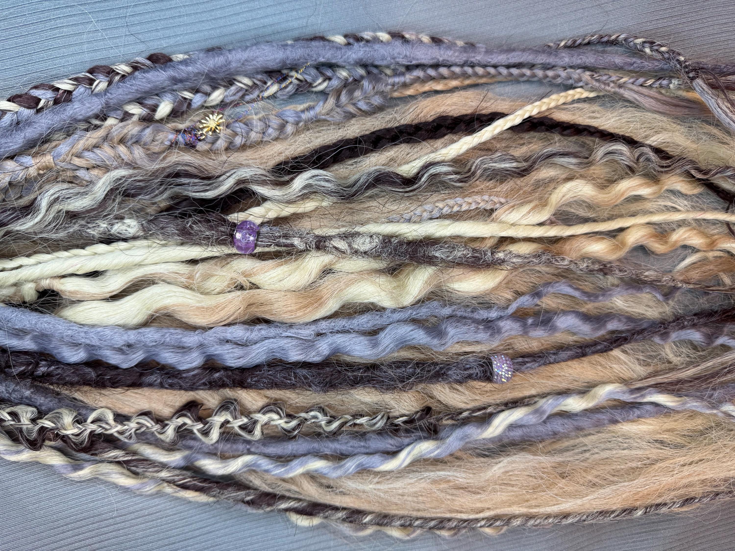 Lavender, Grey, Blonde & Brown Dreaded Boho Ponytail | Wavy Dreads, Braids & Beads