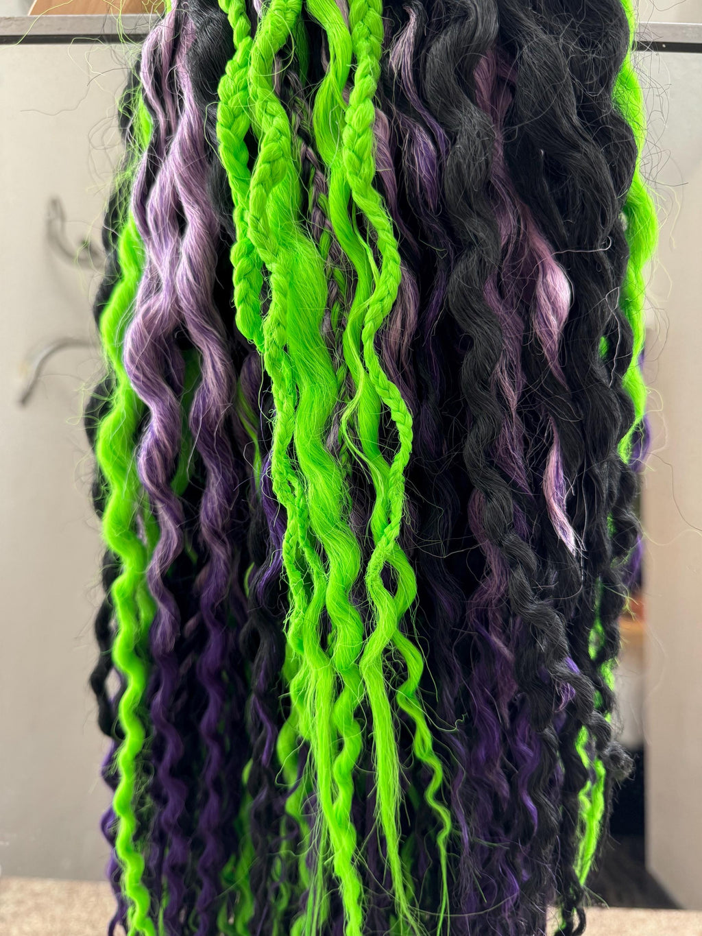 Beetlejuice Wavy Dreads | Black, Green & Purple Ombré Dread Set with Braids