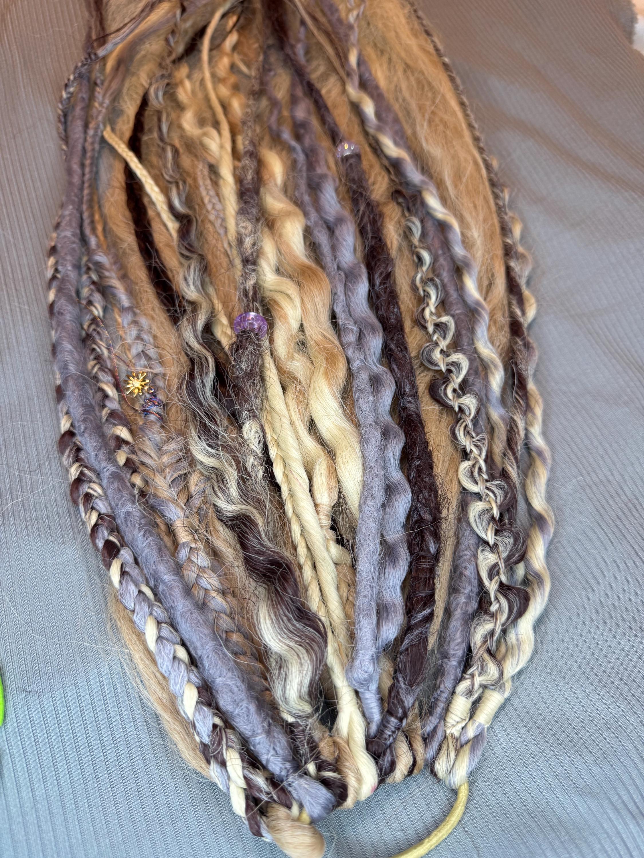 Lavender, Grey, Blonde & Brown Dreaded Boho Ponytail | Wavy Dreads, Braids & Beads