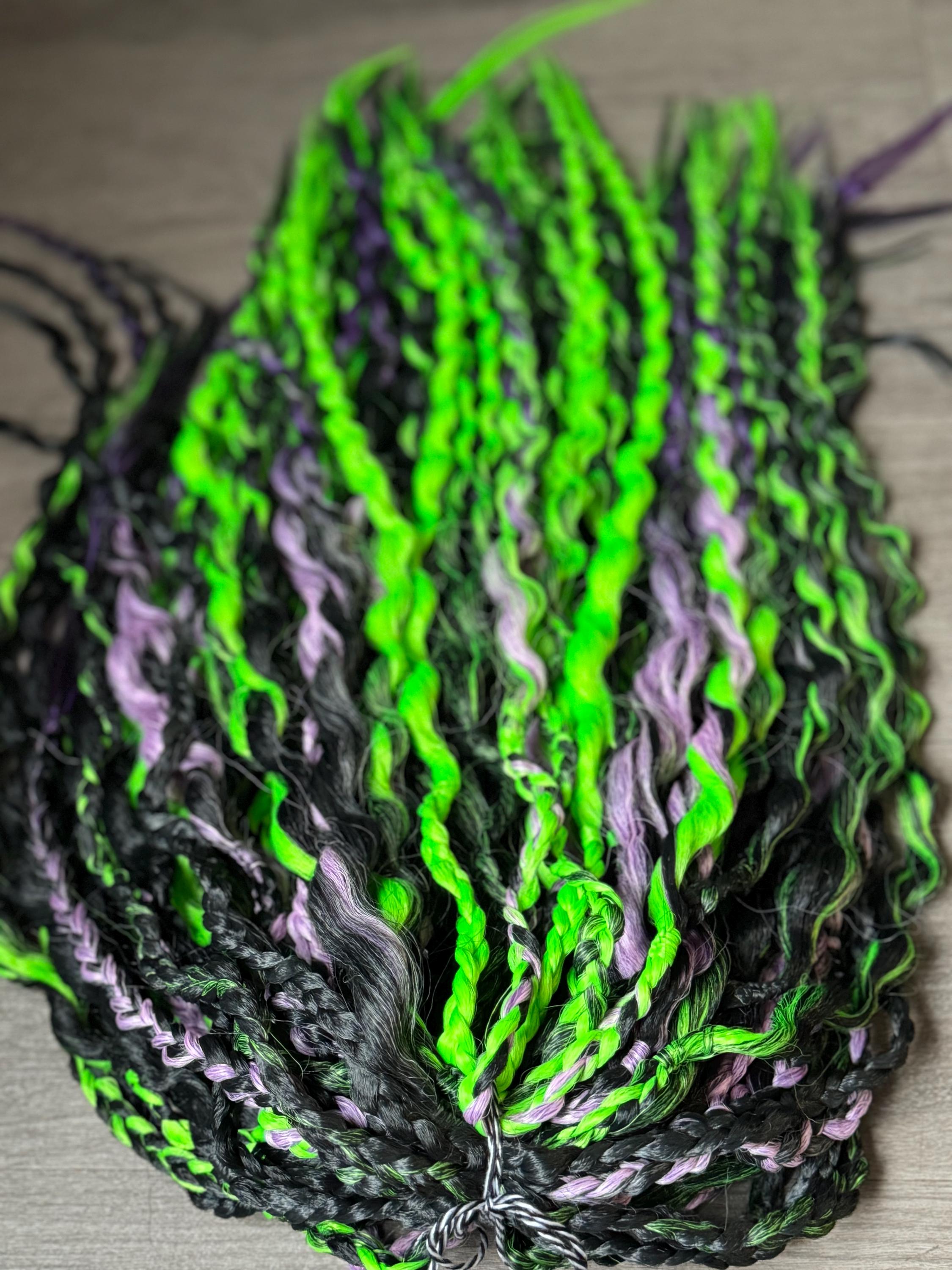 Beetlejuice Wavy Dreads | Black, Green & Purple Ombré Dread Set with Braids