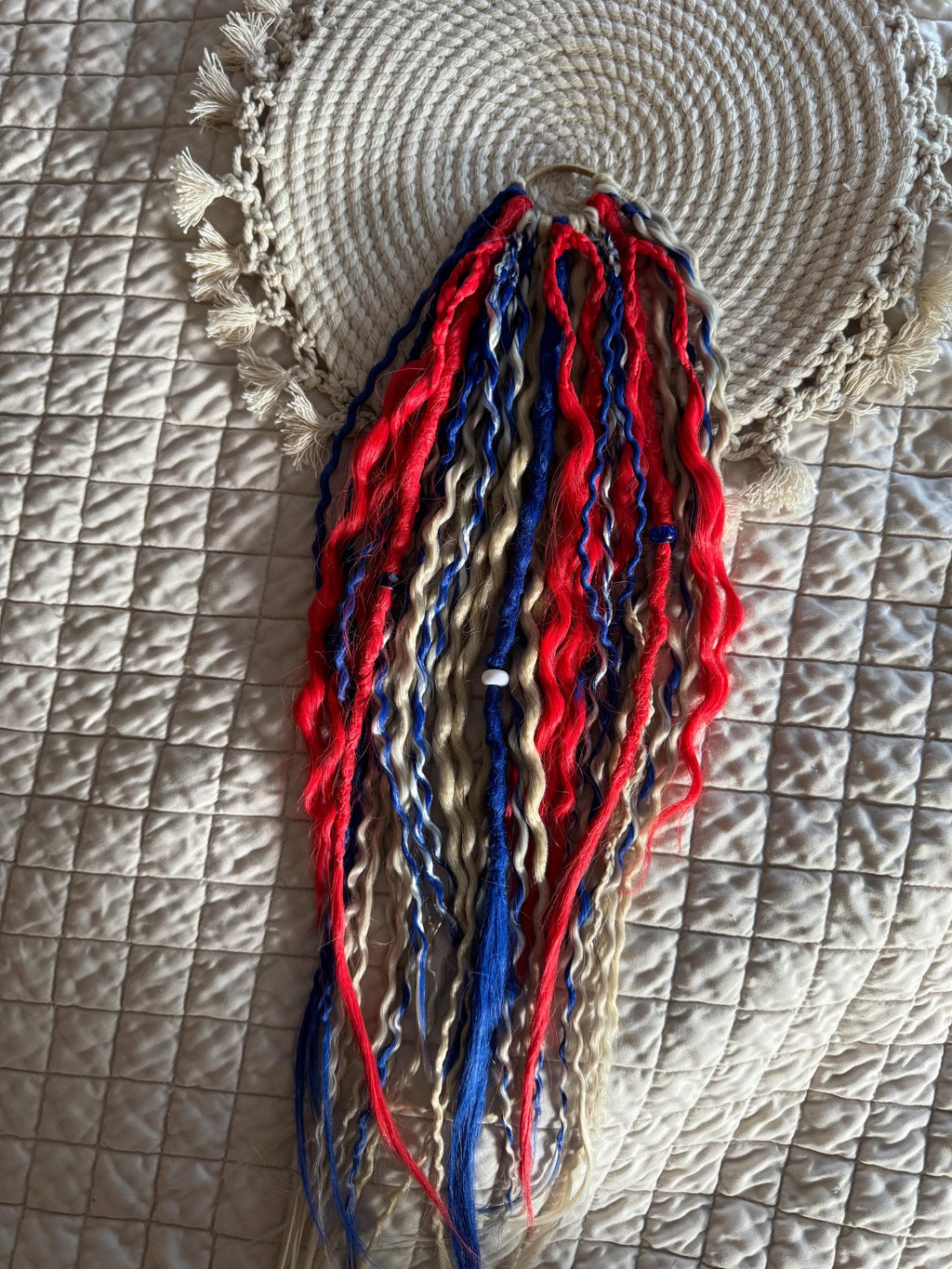 Red, White, Blue & Blonde Dreaded Boho Ponytail | Wavy Dreads, Braids & Beads
