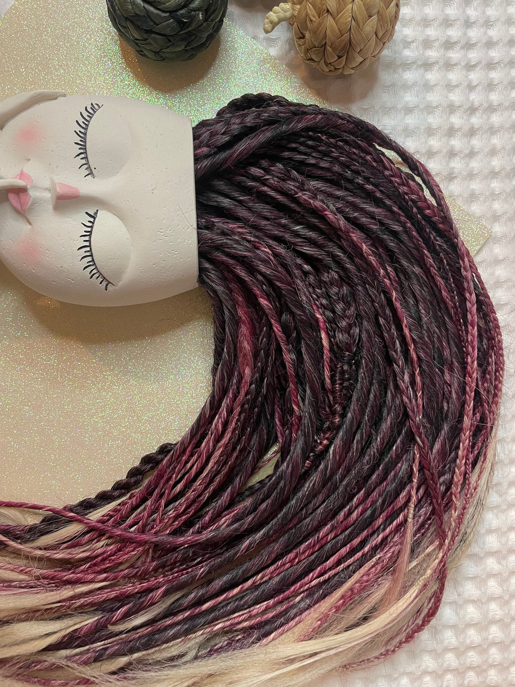 Brown, Red & Blonde Ombré Thin Synthetic Dreads | Feathered or Curly Ends | Braids Included