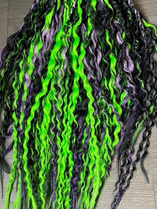 Beetlejuice Wavy Dreads | Black, Green & Purple Ombré Dread Set with Braids