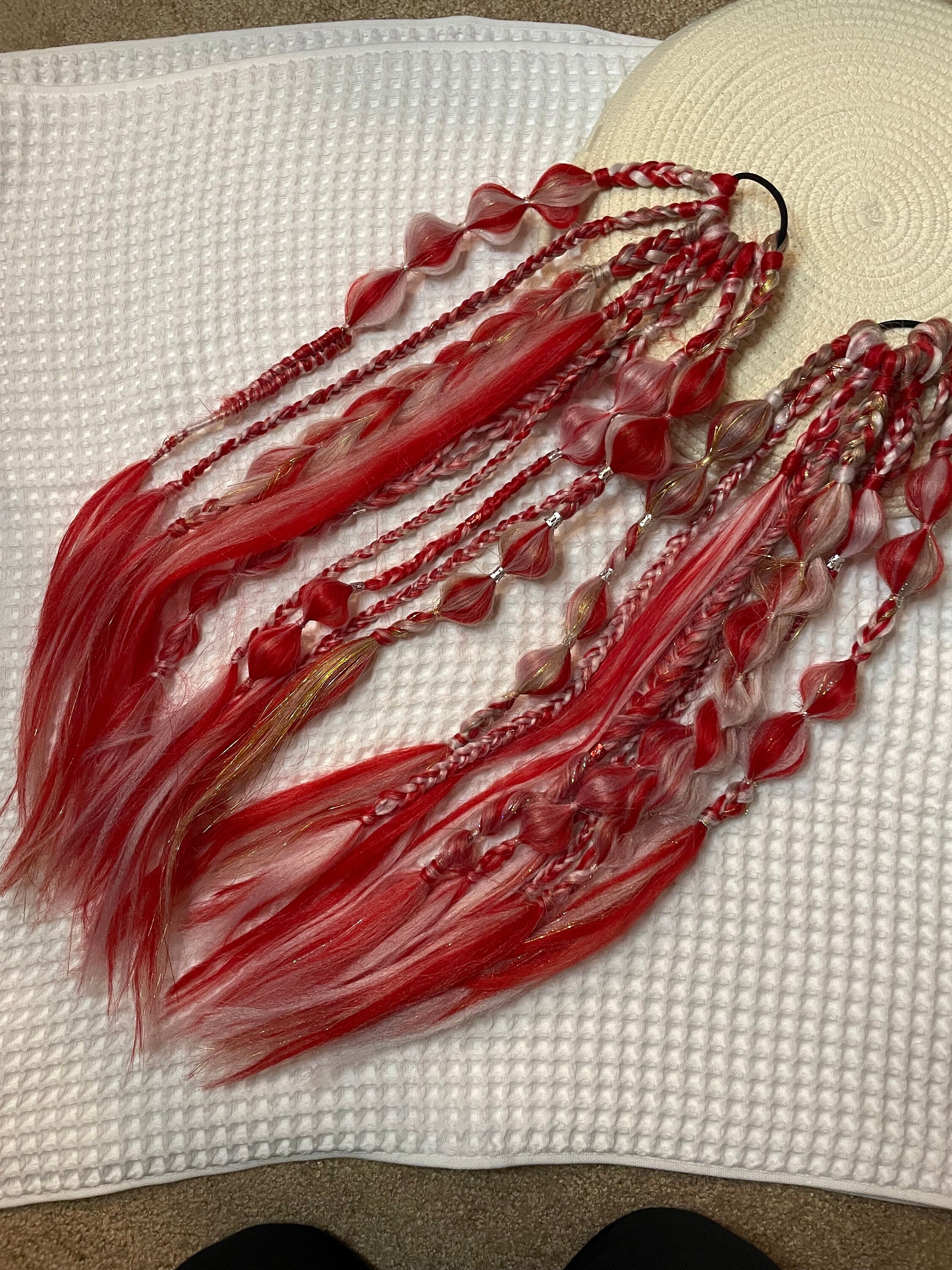 Red & White support pony. tie in. rave ponytail. festival pony