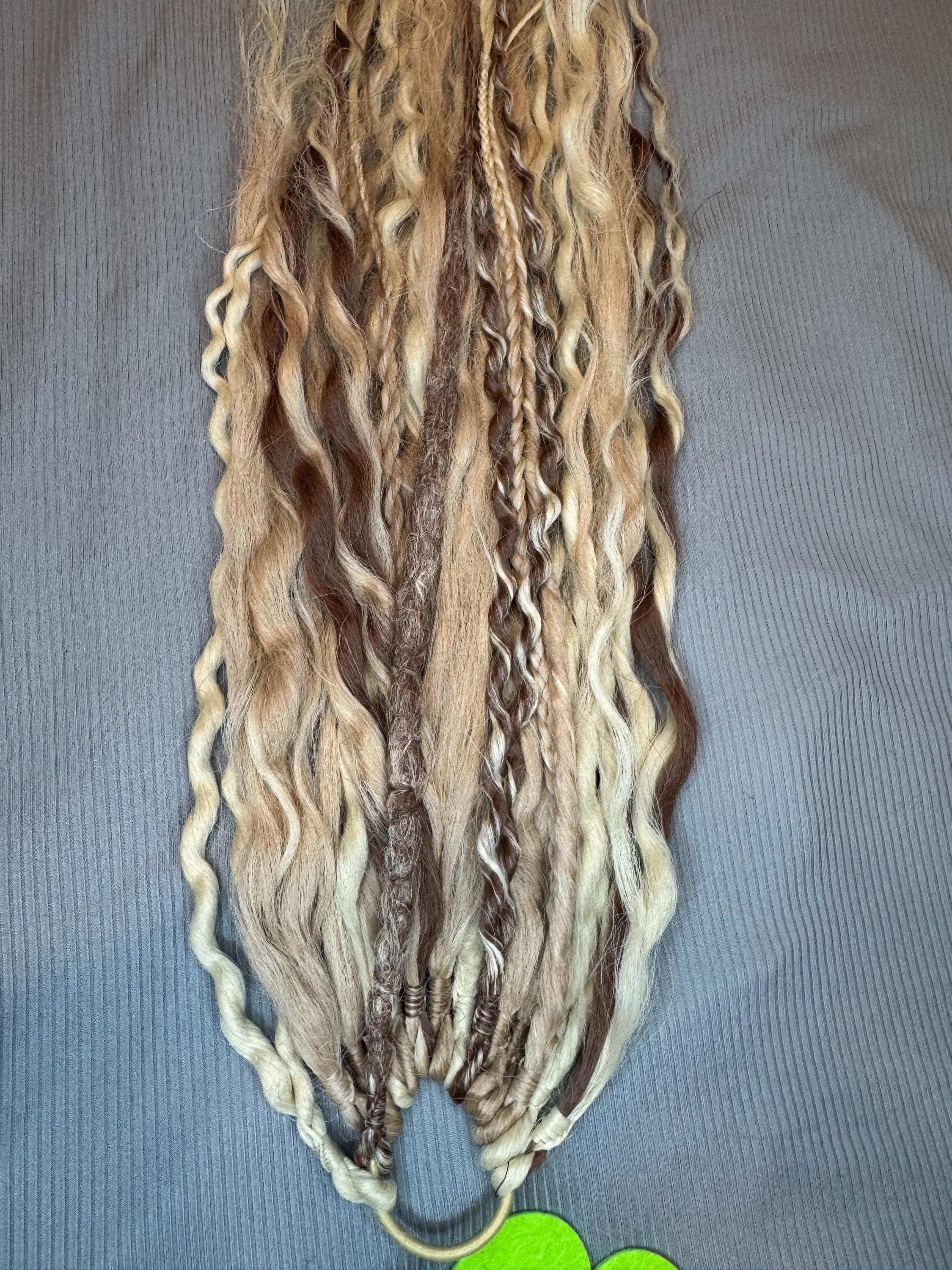 Honey Brown & Blonde Dreaded Boho Ponytail | Wavy Dreads, Braids, Twists & Beads
