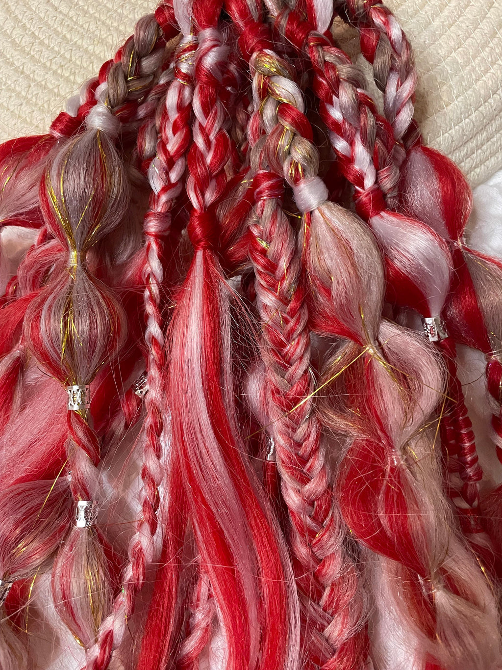 Red & White support pony. tie in. rave ponytail. festival pony