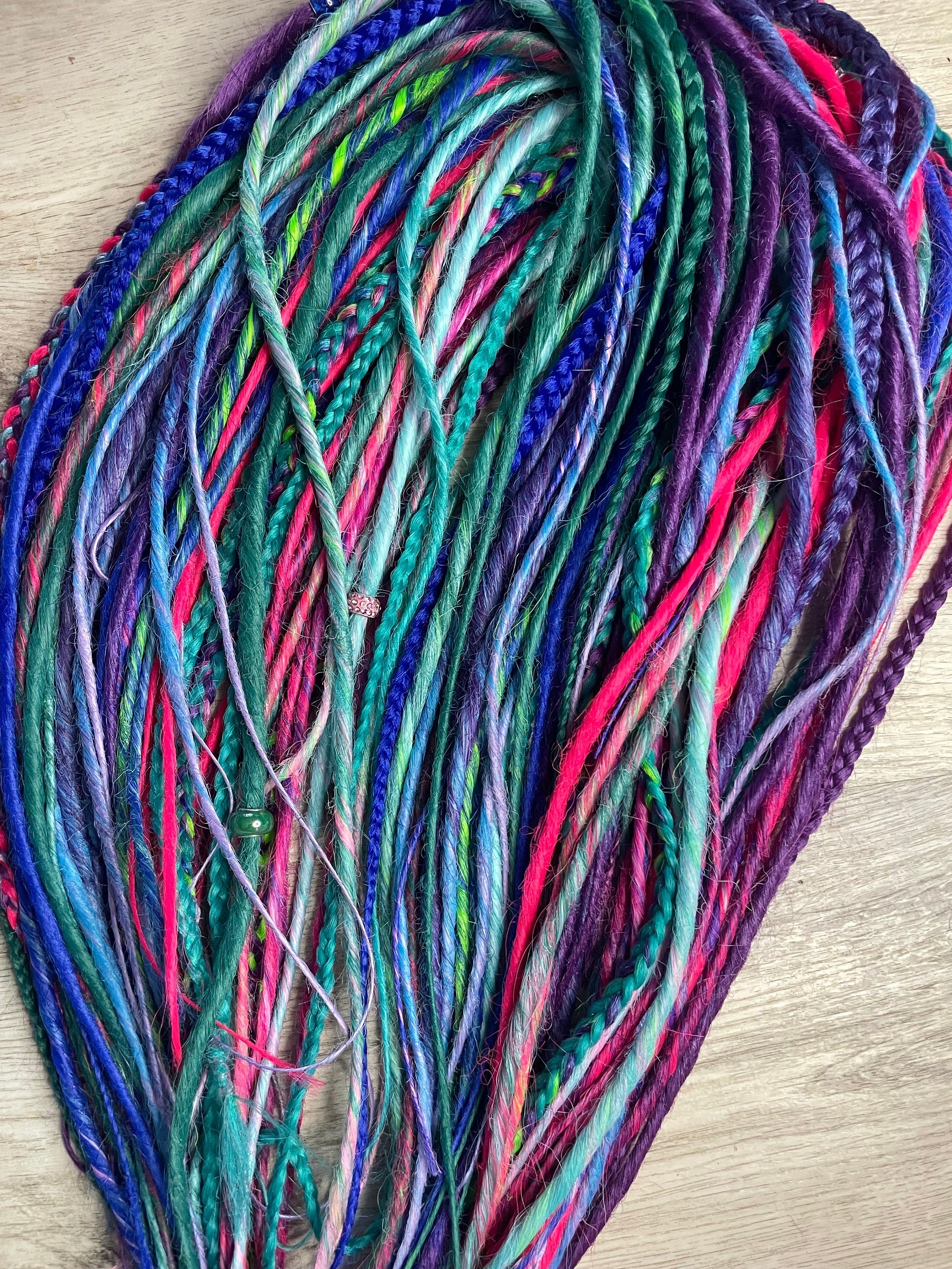Galaxy Mermaid Thin Synthetic Dreads | Purple, Pink, Blue & Green Dread Set with Glass Beads