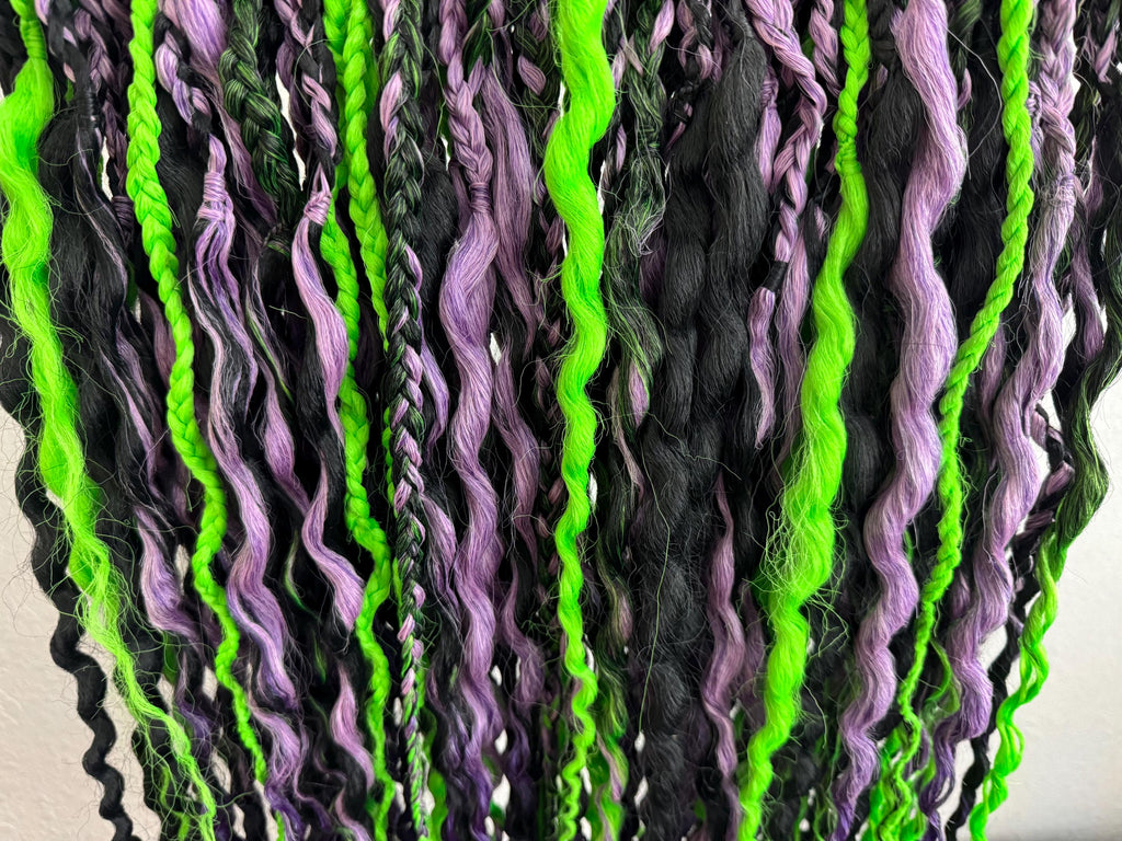 Beetlejuice Wavy Dreads | Black, Green & Purple Ombré Dread Set with Braids